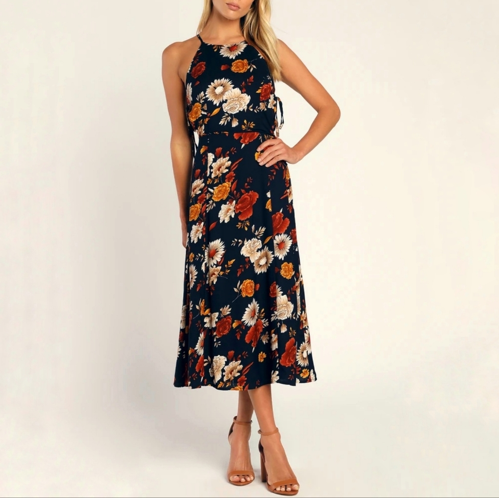 NWT Lulus Flourishing Flirt Navy Blue Floral Cutout Halter Midi Dress
